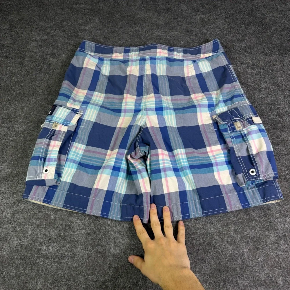 Hollister Mens Plaid Cargo Board Shorts Blue Pink Large Swim Trunks Drawstring